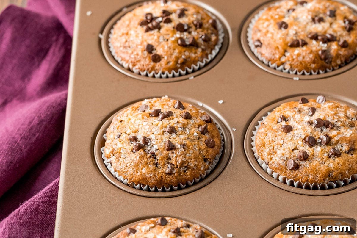 Effortless Chocolate Chip Muffins 8 A golden muffin tin brimming with perfectly baked chocolate chip muffins, with a burgundy napkin neatly folded beside it.