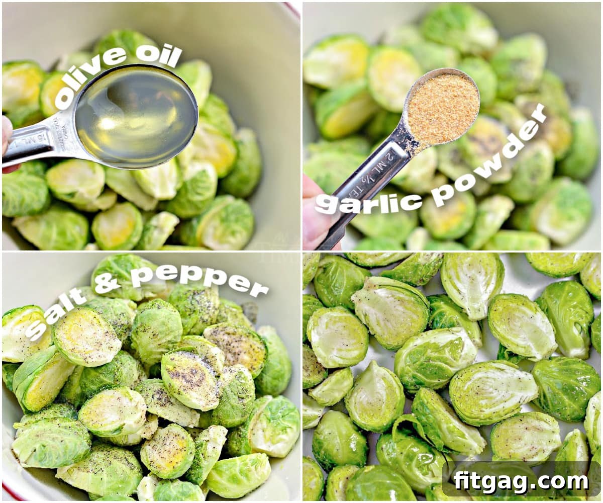 A four-image collage demonstrating the seasoning process for Brussels sprouts before air frying.
