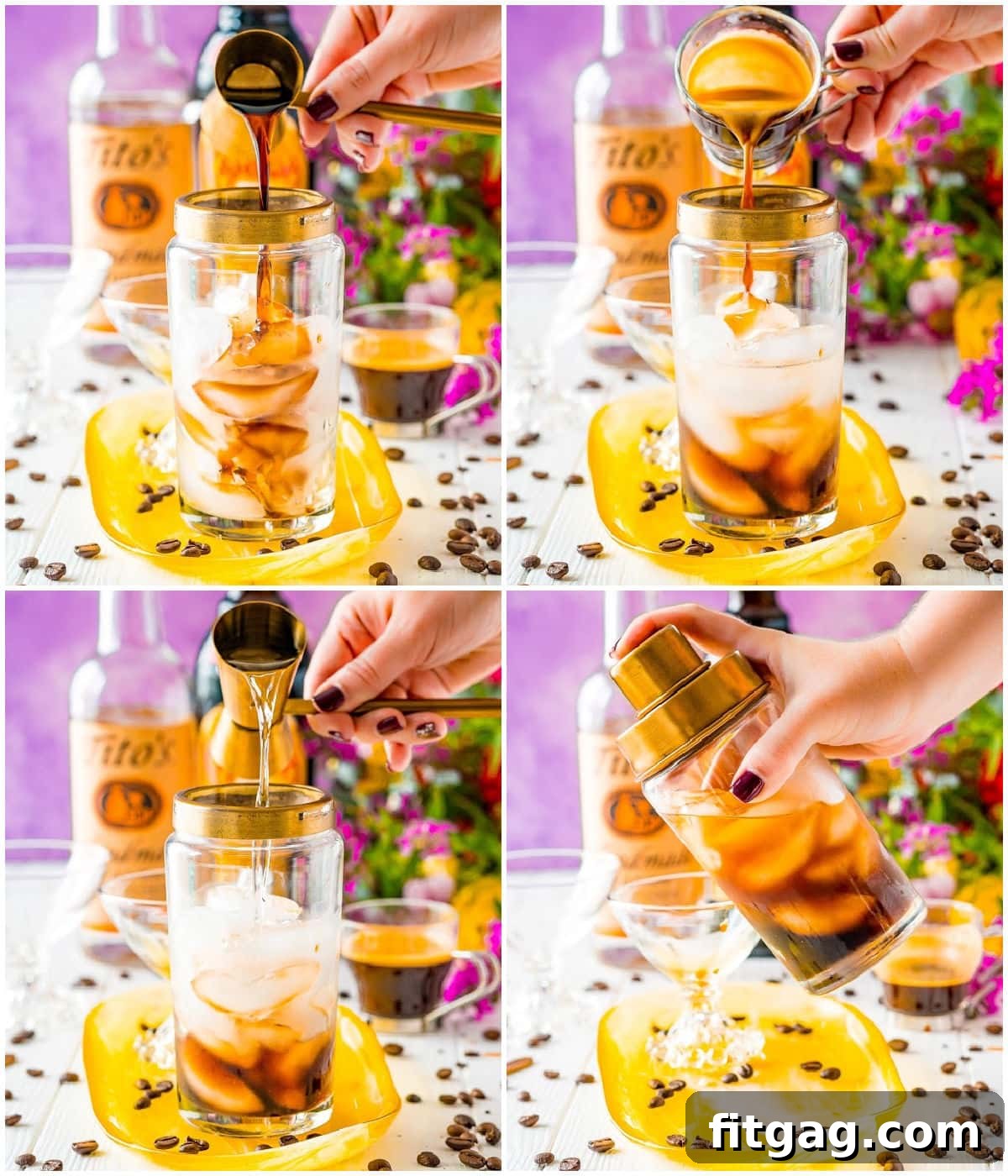 how to make espresso martini 4 image collage showing each ingredient being added