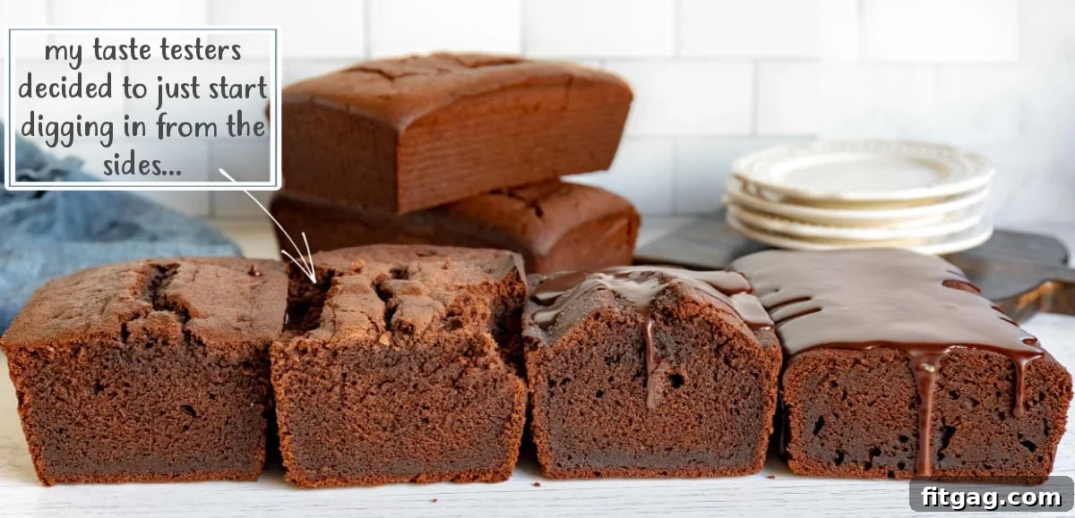 A series of freshly baked chocolate pound cakes, artfully arranged to showcase their rich, dark brown color and the enticing, dense texture of their crumb, inviting a closer look at their perfect finish.