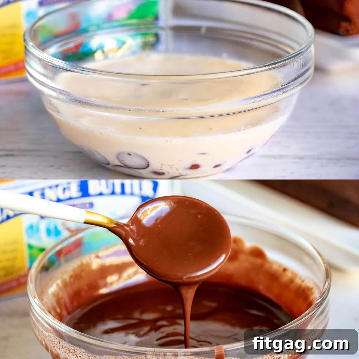 A two-image collage illustrating the simple process of making a glossy chocolate ganache glaze, showcasing the transformation of ingredients into a luscious topping for the pound cake.