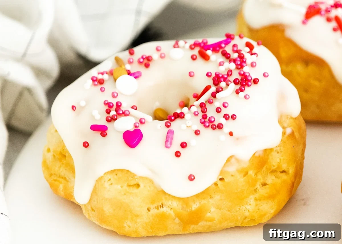 Close-up of an air fryer biscuit donut topped with smooth vanilla glaze and colorful sprinkles.
