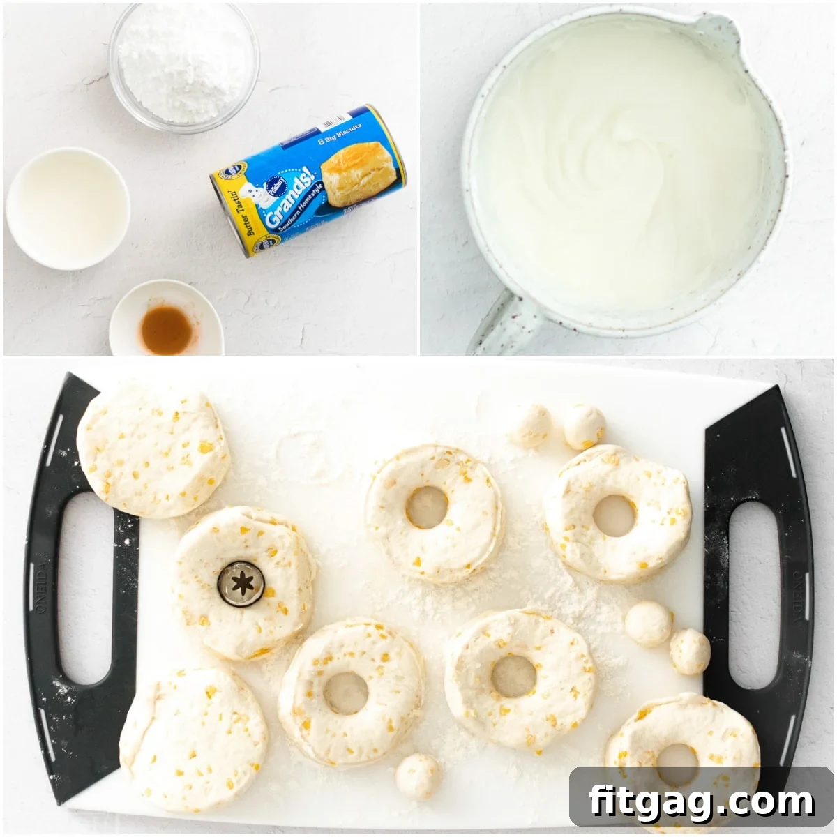 A three-image collage illustrating the process of preparing air fryer donuts, from cutting biscuit centers to mixing the vanilla glaze.