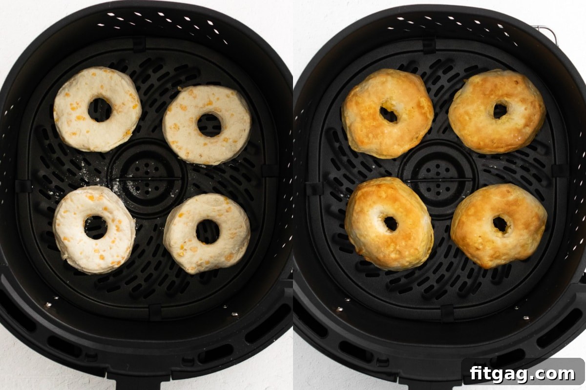 A two-image collage demonstrating the air frying process of biscuit donuts, showing four donuts cooking in the air fryer basket.