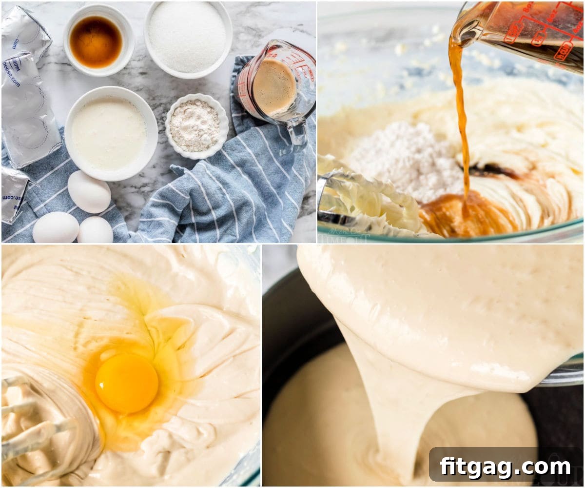 A four-image collage demonstrating the key steps of making espresso cheesecake: preparing the crust, mixing the filling, pouring into the pan, and the finished baked cake.
