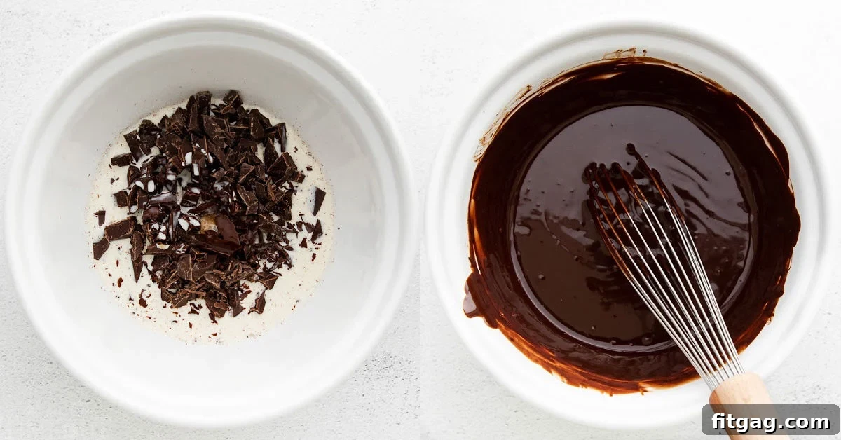chocolate being melted by hot cream and stirred together