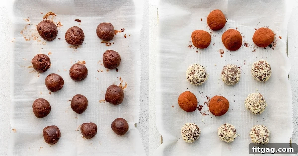 truffles rolled in cocoa and almonds in a two image collage.