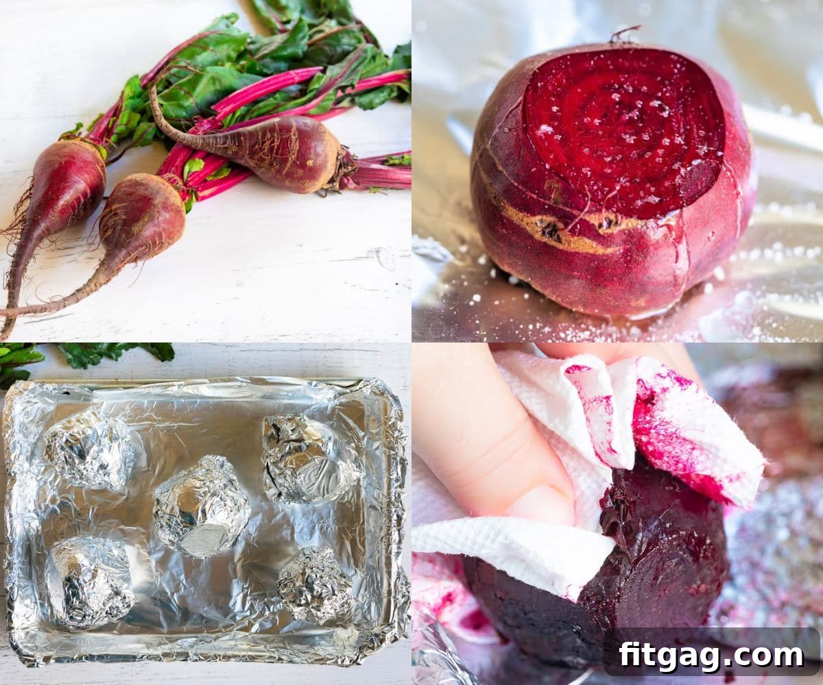 Effortlessly Delicious Roasted Beets 5 how to roast beets four image collage showing beets being prepped for roasting.