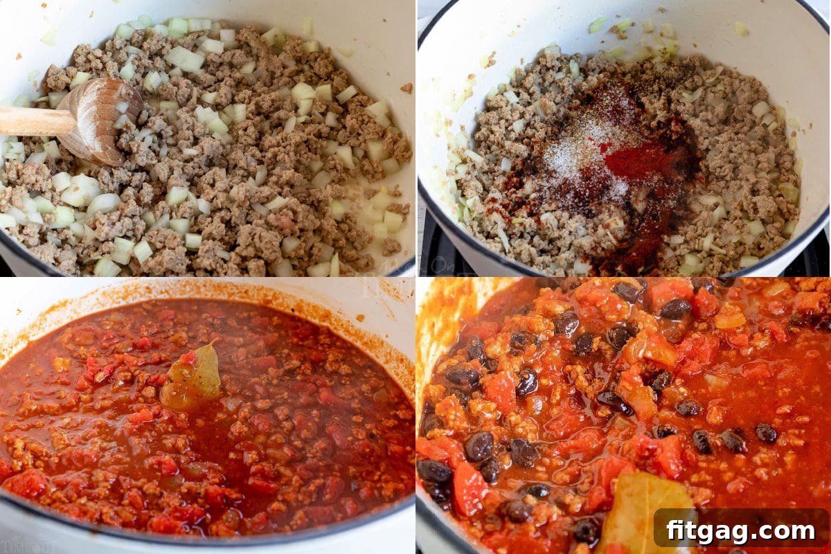 4 image collage showing how to make turkey chili.