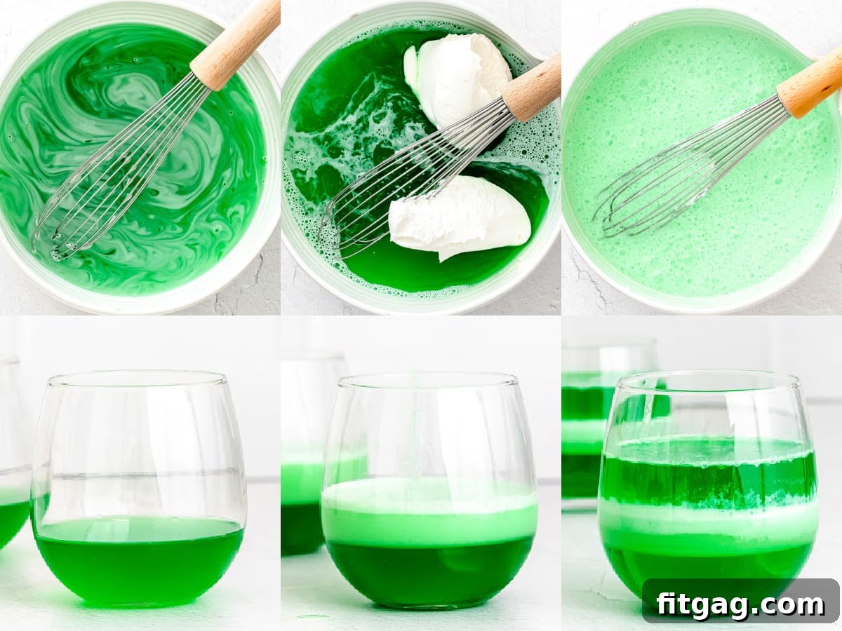 A step-by-step visual of how to make layered jello cups with jello and cool whip, showing the beautiful green and white layers.