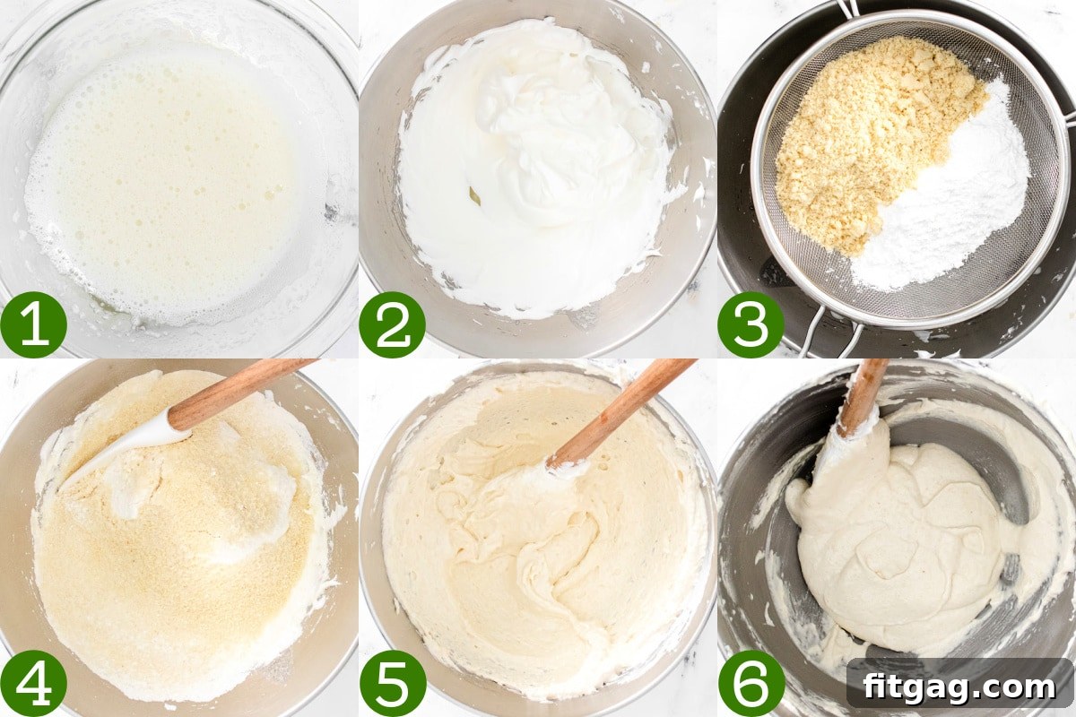 collage showing how to make macaron batter.