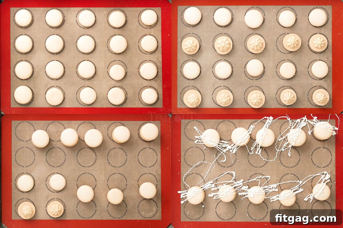 how to assemble macarons in four image collage.