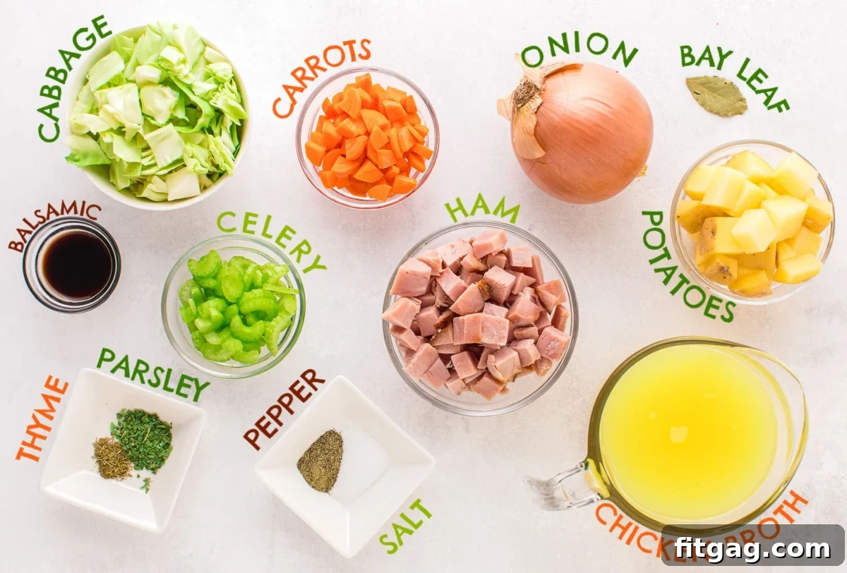Hearty Instant Pot Ham and Cabbage Soup 4 Individual bowls containing prepped ingredients for cabbage soup: chopped cabbage, ham, potatoes, carrots, onion, celery, broth, and herbs.
