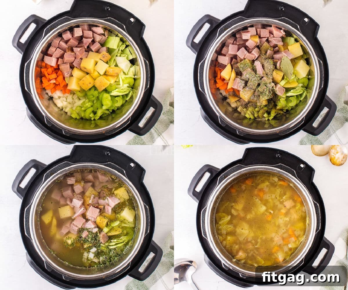 A four-image collage demonstrating the step-by-step process of making ham and cabbage soup in an Instant Pot.