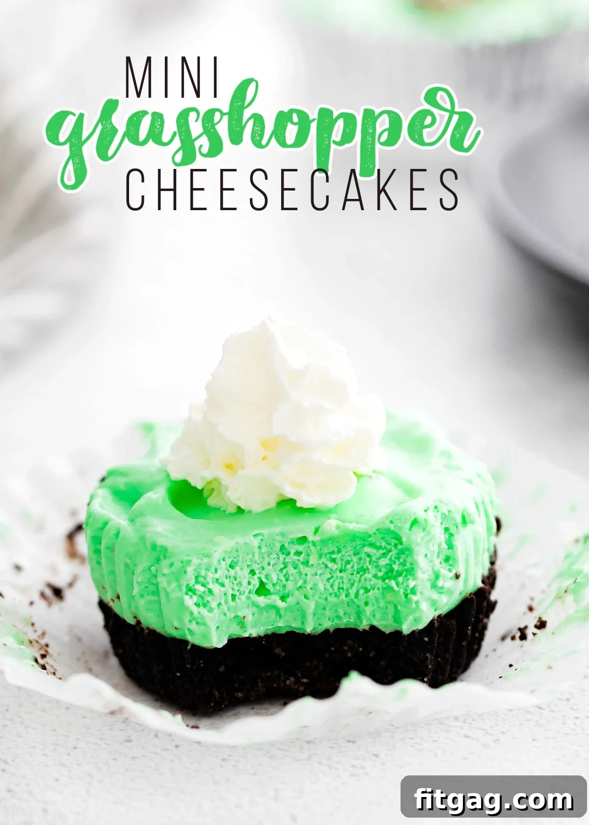 grasshopper mini cheesecake unwrapped and sitting on white surface with title overlay at top.
