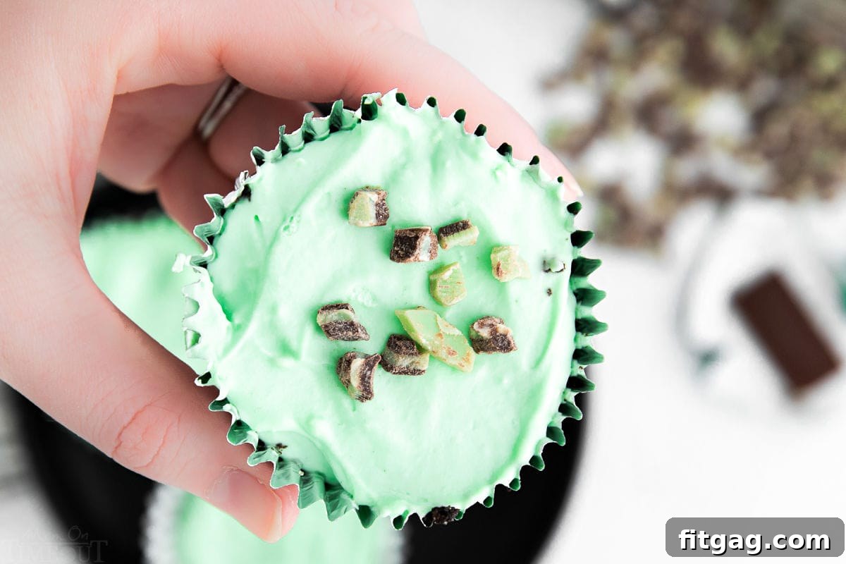mini mint cheesecake with andes chips on top being held.