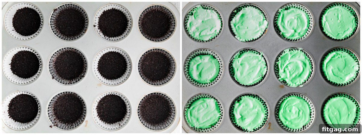 two image collage showing mini cheesecake crust and also the mini cheesecakes in the pan.