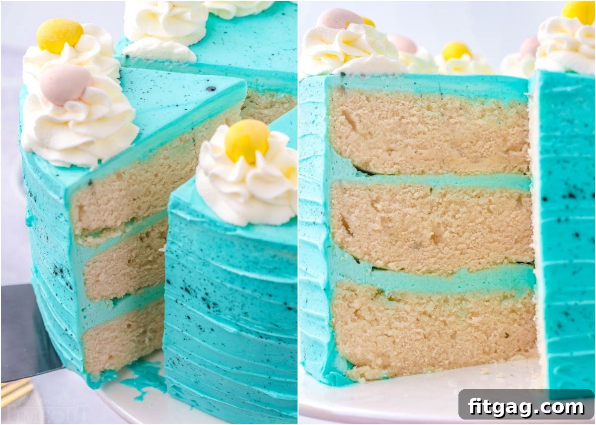 A two-image collage: one showing a slice of Easter cake being gently pulled away, and the other a close-up of the moist vanilla cake layers and blue frosting.