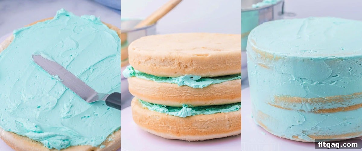 A three-image collage depicting the assembly process of the Easter cake, showing crumb coat, final frosting, and decoration stages.