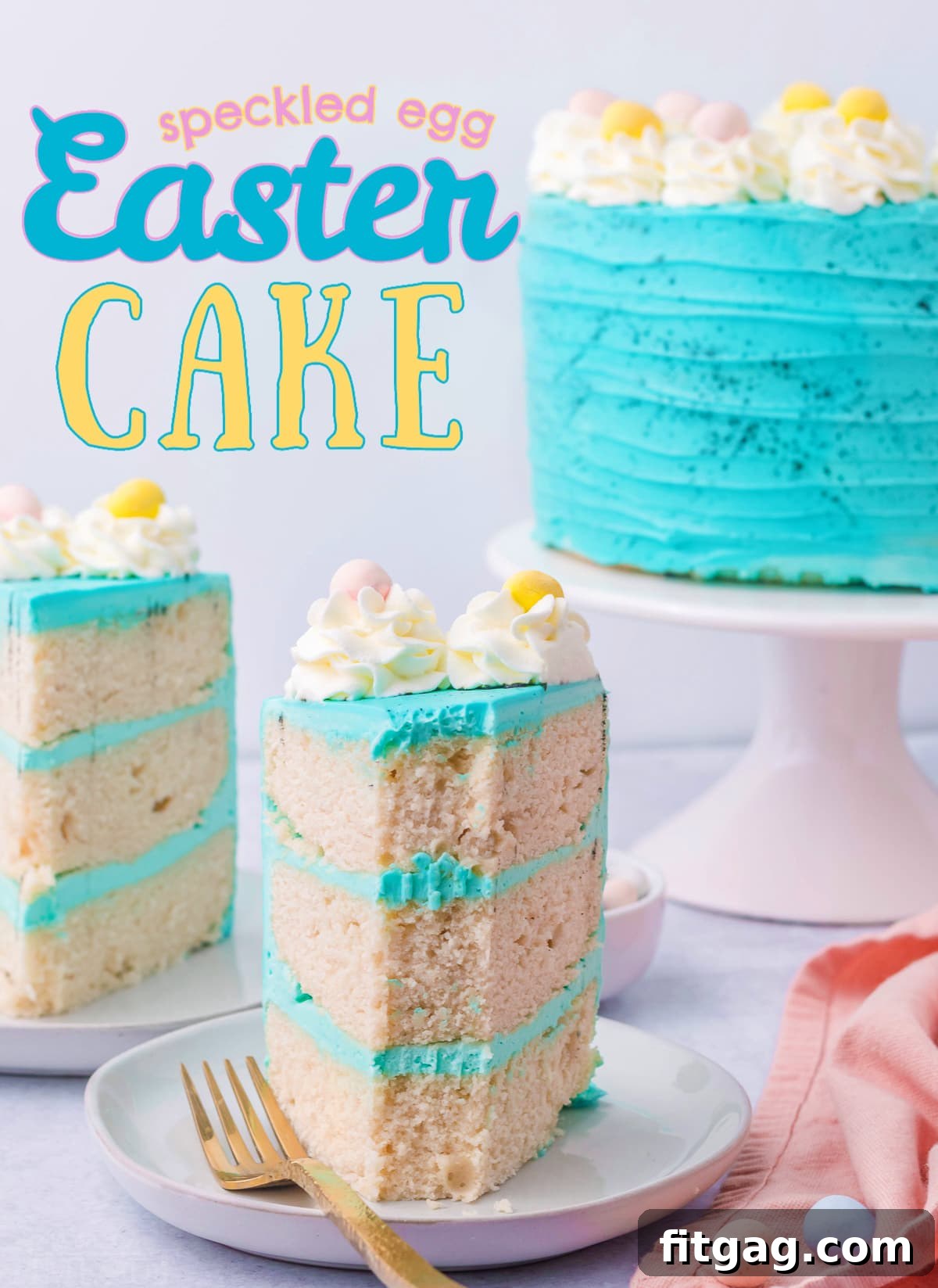 A slice of vanilla cake with turquoise frosting and Cadbury mini eggs on top, with the full decorated cake in the background.
