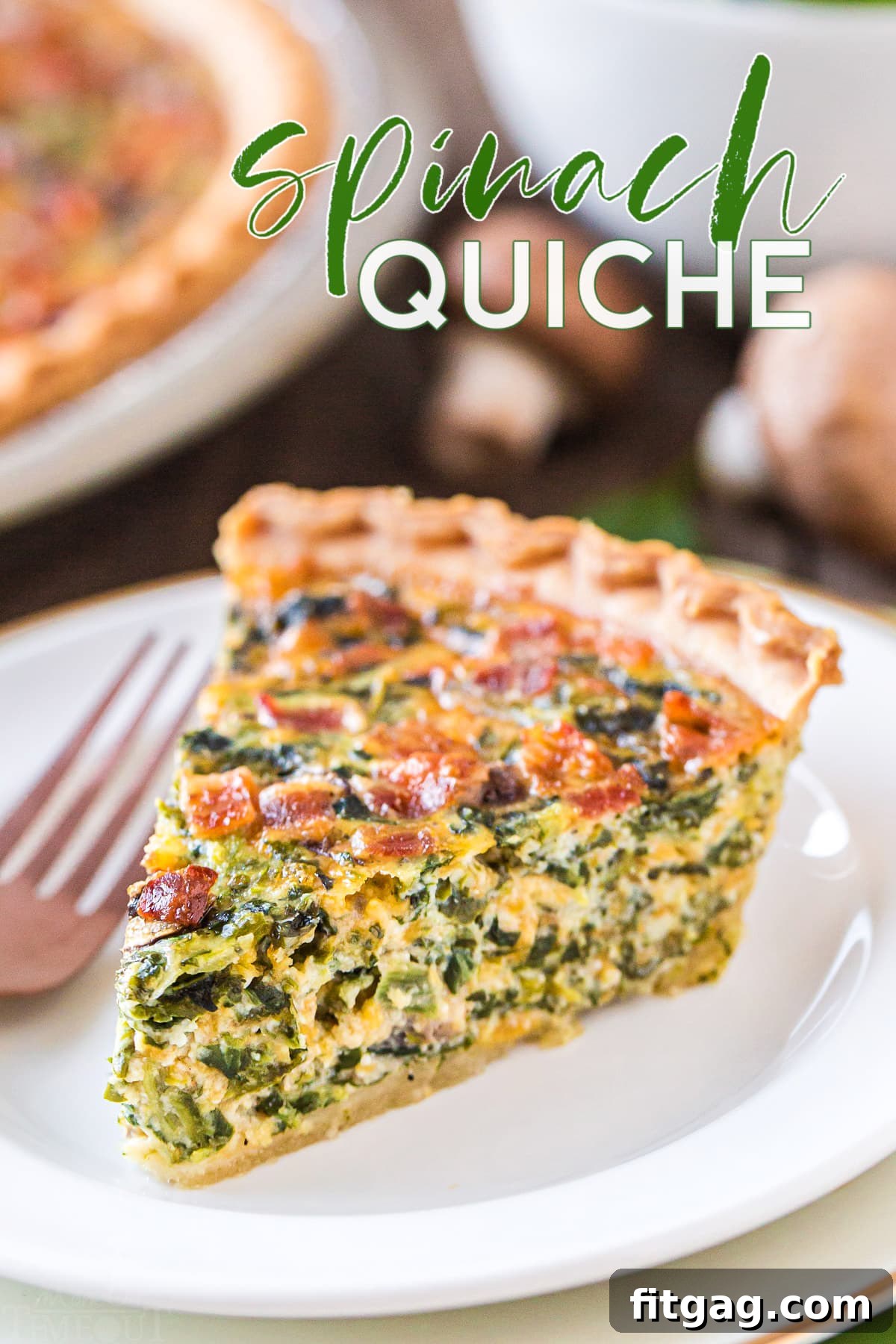 A generous slice of creamy spinach quiche with a flaky crust, served on a pristine white plate, promising a delightful culinary experience.