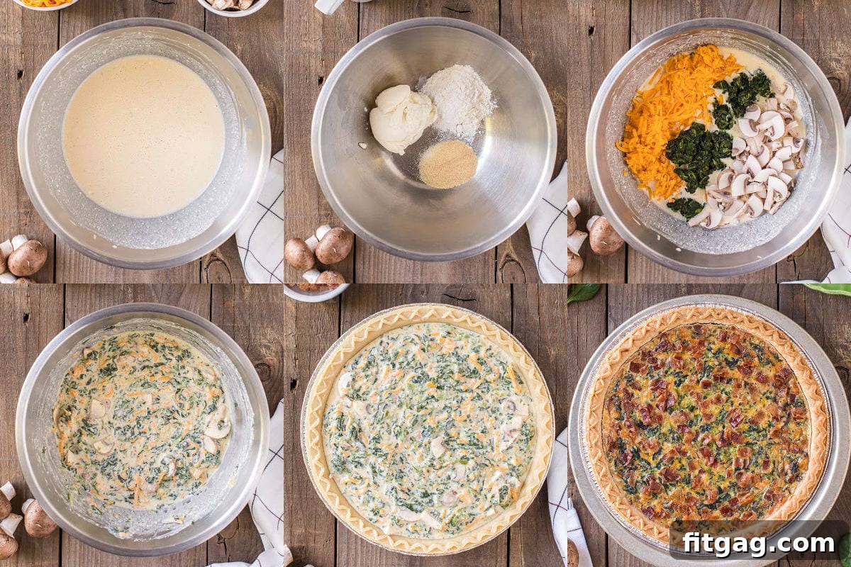 A six-image collage illustrating the step-by-step process of preparing a delicious spinach quiche from start to finish.