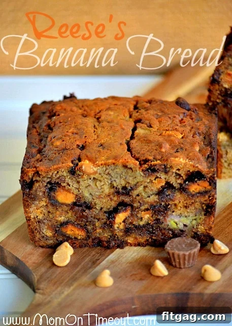 Reese's {Explosion} Banana Bread from MomOnTimeout.com | An explosion of Reese's turns this banana bread into the ultimate treat! #bread #breakfast #Reese's