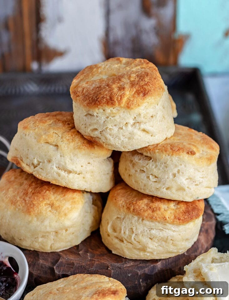 Golden brown Angel Biscuits stacked high on a rustic wood board, showcasing their perfect bake.