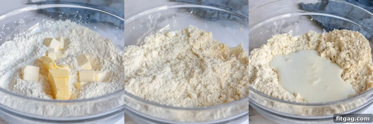 A three-image collage showing the preparation of biscuit dough: dry ingredients, cutting in butter, and mixing with buttermilk.