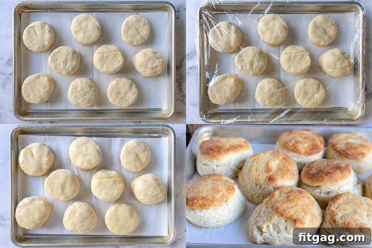 A four-image collage showing Angel Biscuits from being cut out on a sheet pan, rising, and then baked to golden perfection.