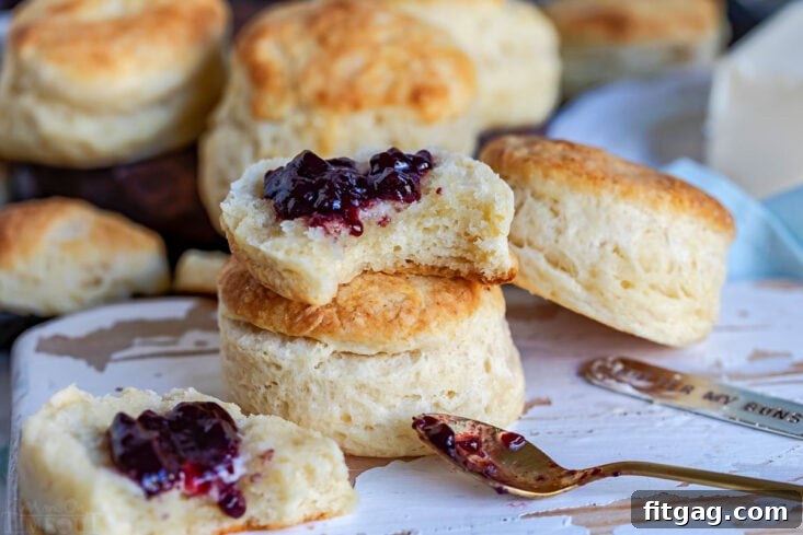 An Angel Biscuit split in half, generously topped with butter and fruit jelly, ready to be eaten.