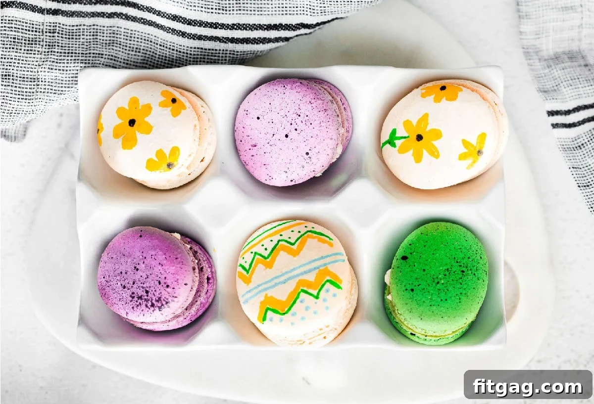 Top-down look at 6 decorated Easter egg macarons.