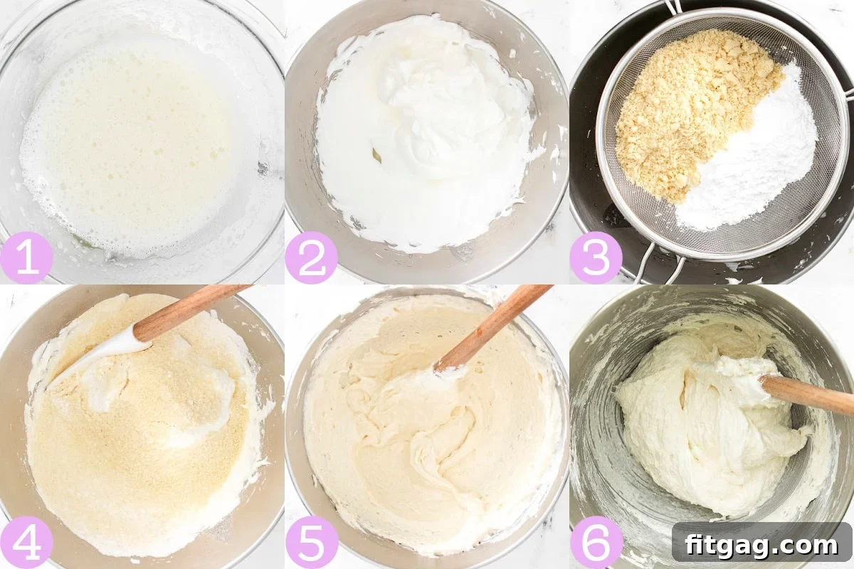 Six-image collage showing how to make French macaron batter.