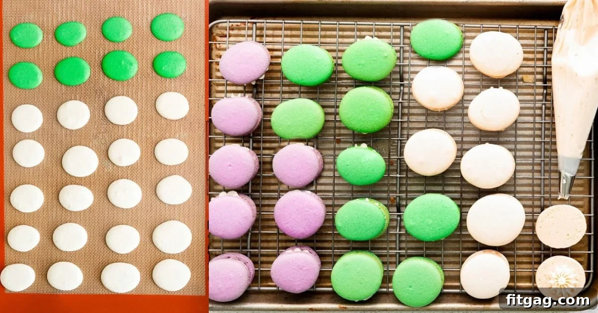 Baking macarons and assembling in a 2-image collage.