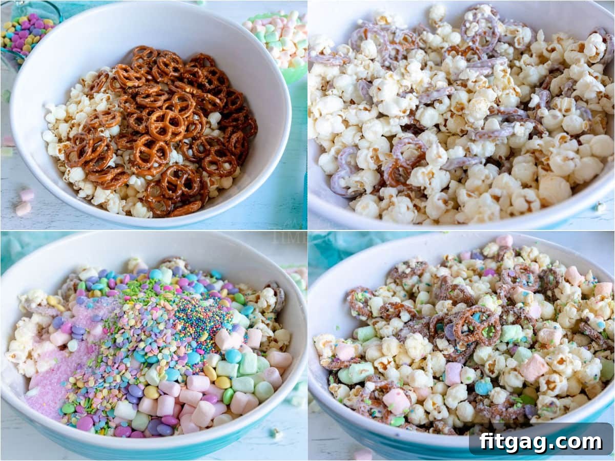 Hoppy Easter Snack Blend 6 A four-image collage demonstrating the step-by-step process of mixing Bunny Bait Easter Snack Mix ingredients in a bowl.