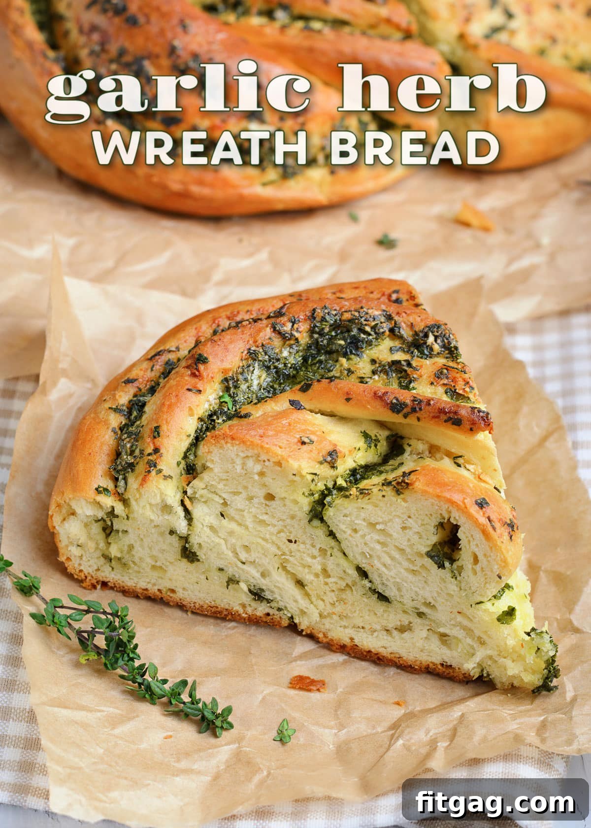 A perfectly baked, golden-brown garlic herb bread wreath with a title overlay, showcasing its artisanal twist and fresh herbs.