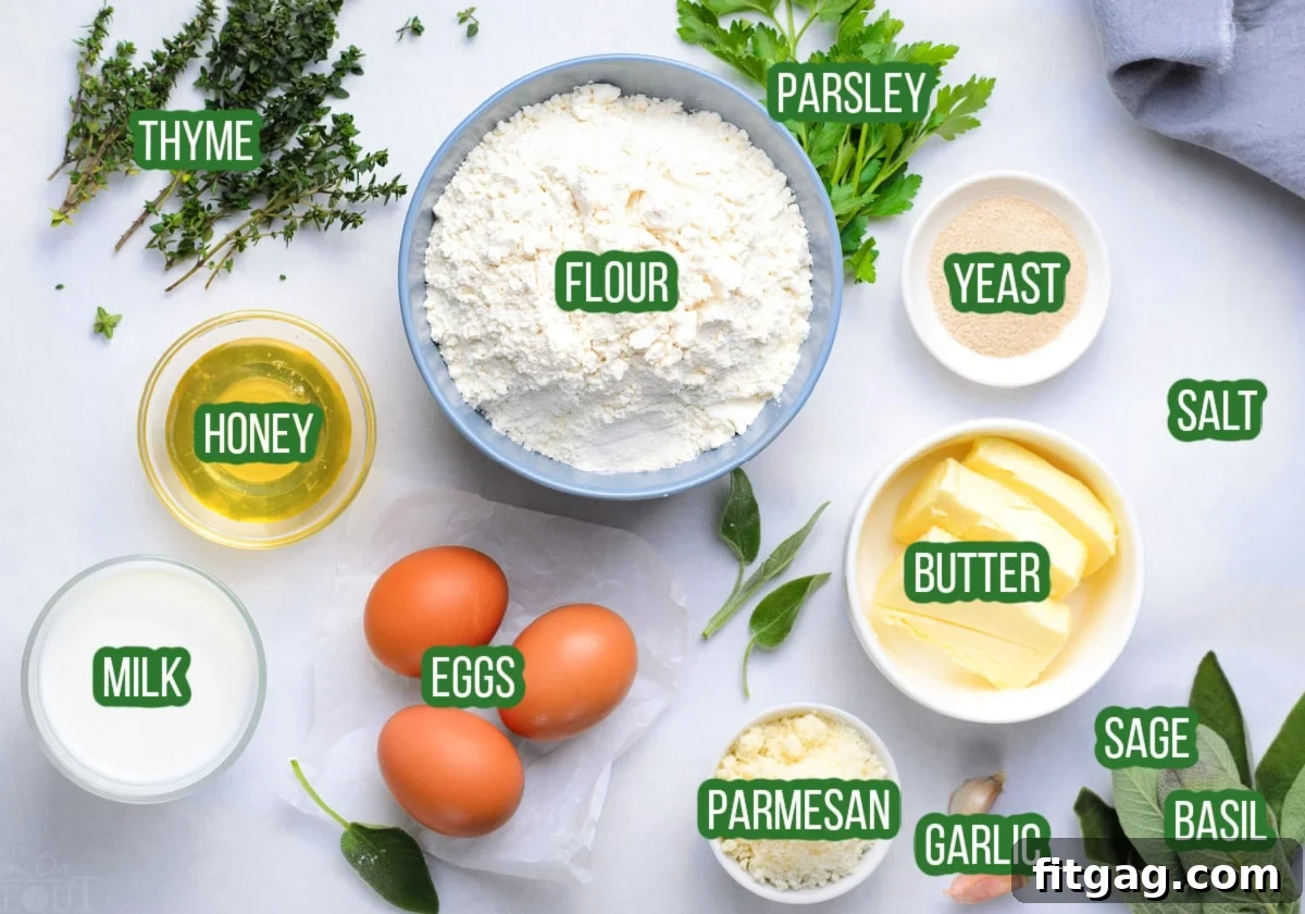 Ingredients for Garlic Herb Bread, neatly measured into small bowls, ready for baking.