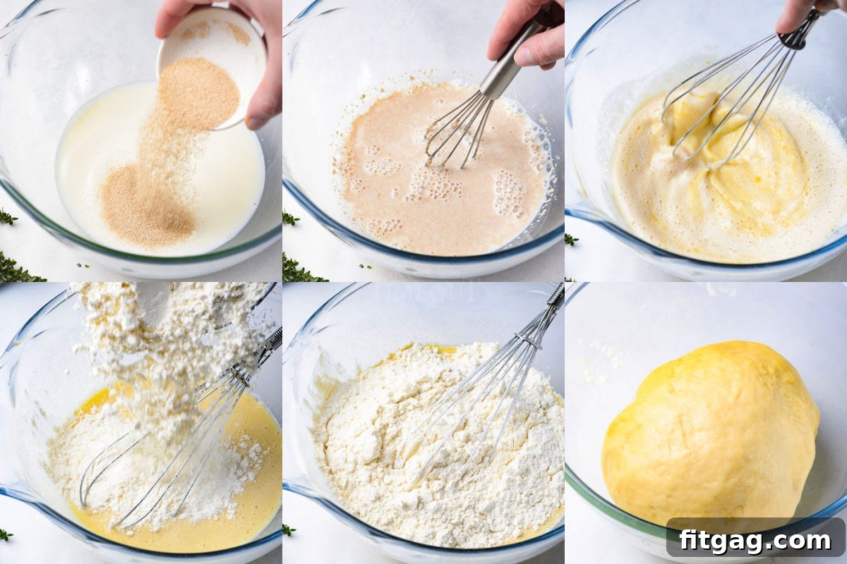 A six-image collage illustrating the step-by-step preparation of the bread dough in a glass bowl, from mixing to initial rise.