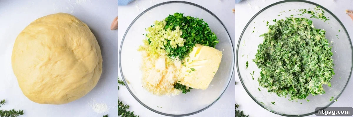 The vibrant garlic herb filling being mixed in a glass bowl, showcasing the fresh ingredients.