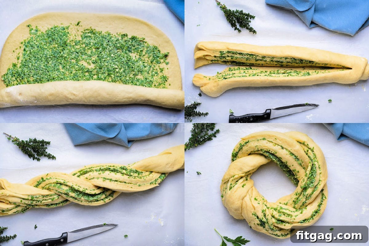 A four-image collage demonstrating the key steps: spreading filling on dough, rolling and cutting the log, and twisting it into an elegant wreath shape.