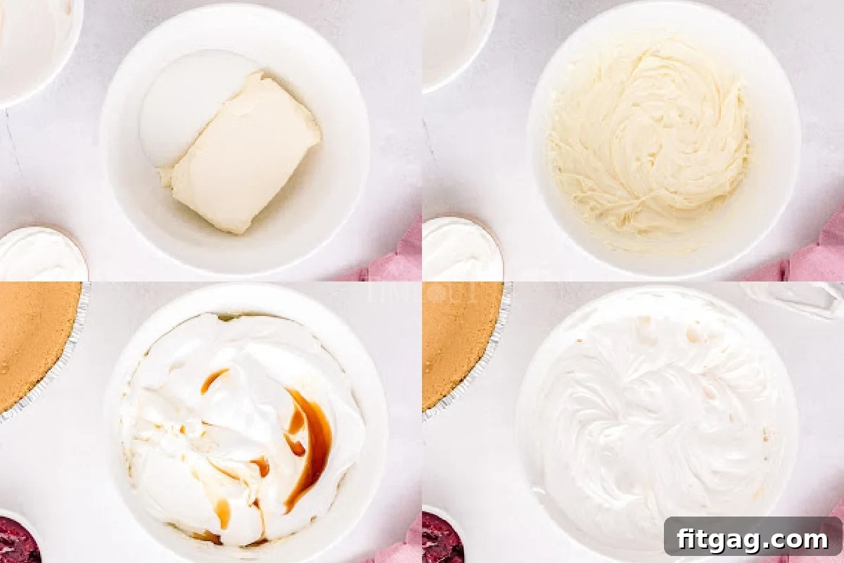 A four-image collage showing the process of making the no-bake cheesecake filling.