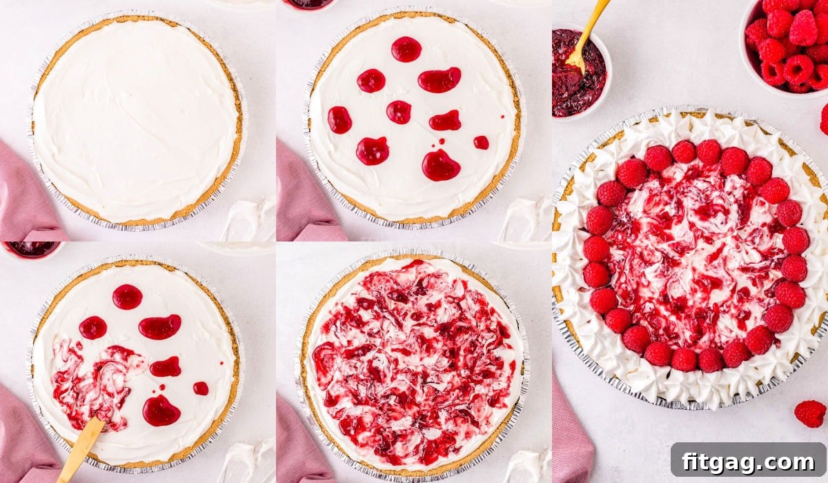 A five-image collage demonstrating the assembly and decoration process of the raspberry cheesecake.