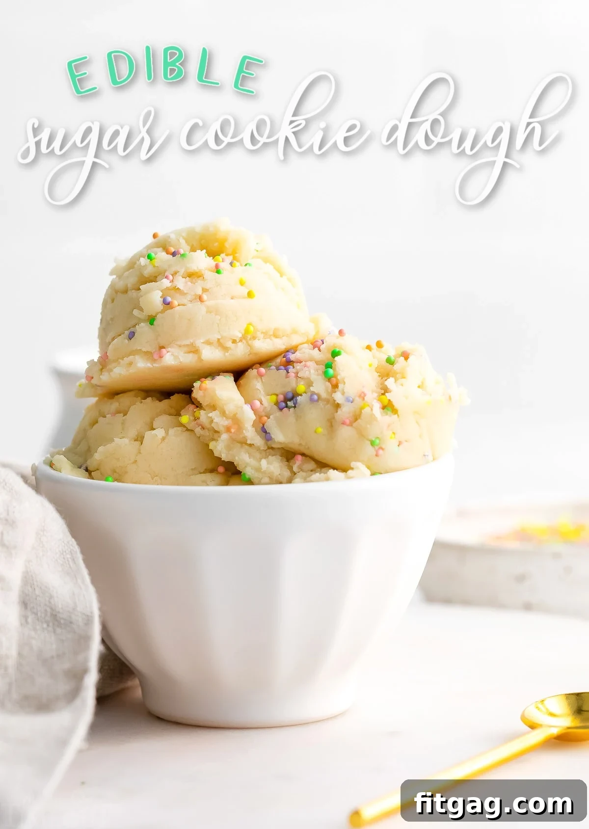 No-Bake Sugar Cookie Bliss 2 edible sugar cookie dough in small white bowl with sprinkles on top. title overlay at top of image.