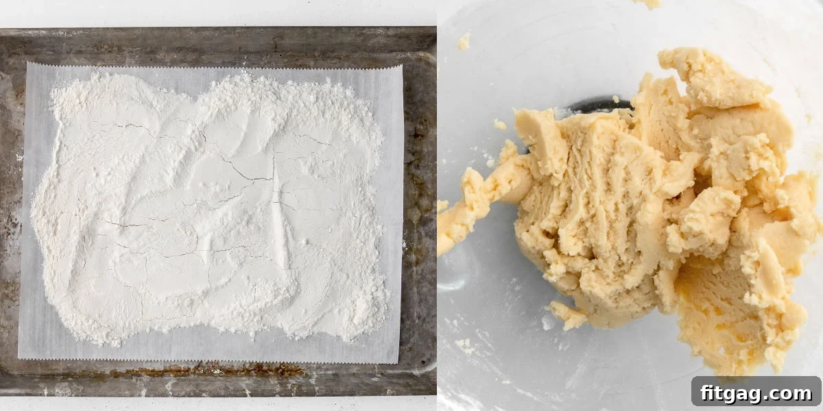 No-Bake Sugar Cookie Bliss 5 two image collage showing flour on baking sheet ready to bake and sugar cookie dough in bowl.