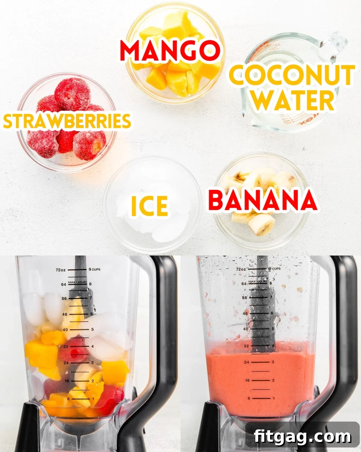 A three-image collage showcasing the preparation of the strawberry mango smoothie, from ingredients in bowls to the blending process in a high-powered blender.