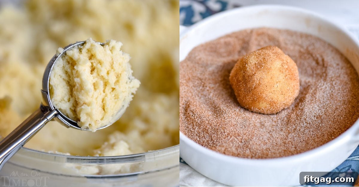 A two-image collage demonstrating the process of making snickerdoodles: first, scooping cookie dough, and then rolling the dough balls in a cinnamon sugar mixture.