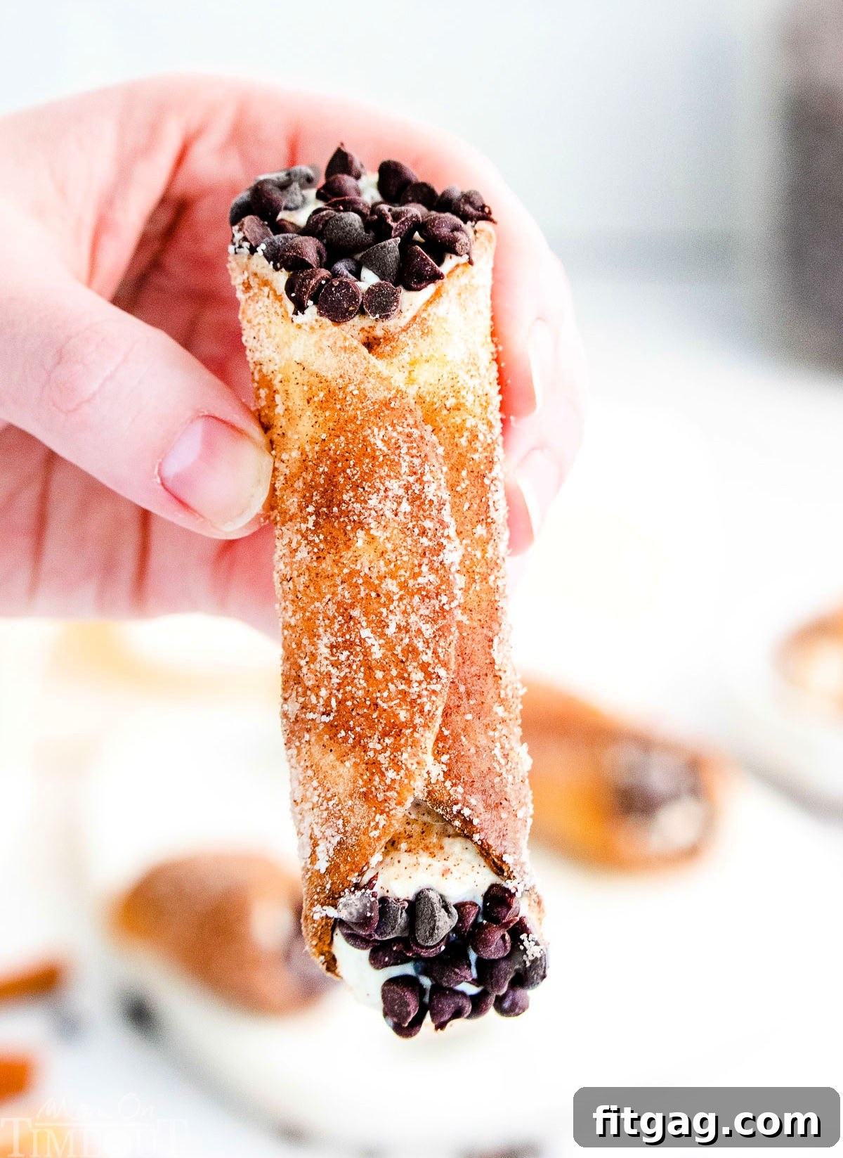A cannoli with mini chocolate chips at either end being held up over a white plate.