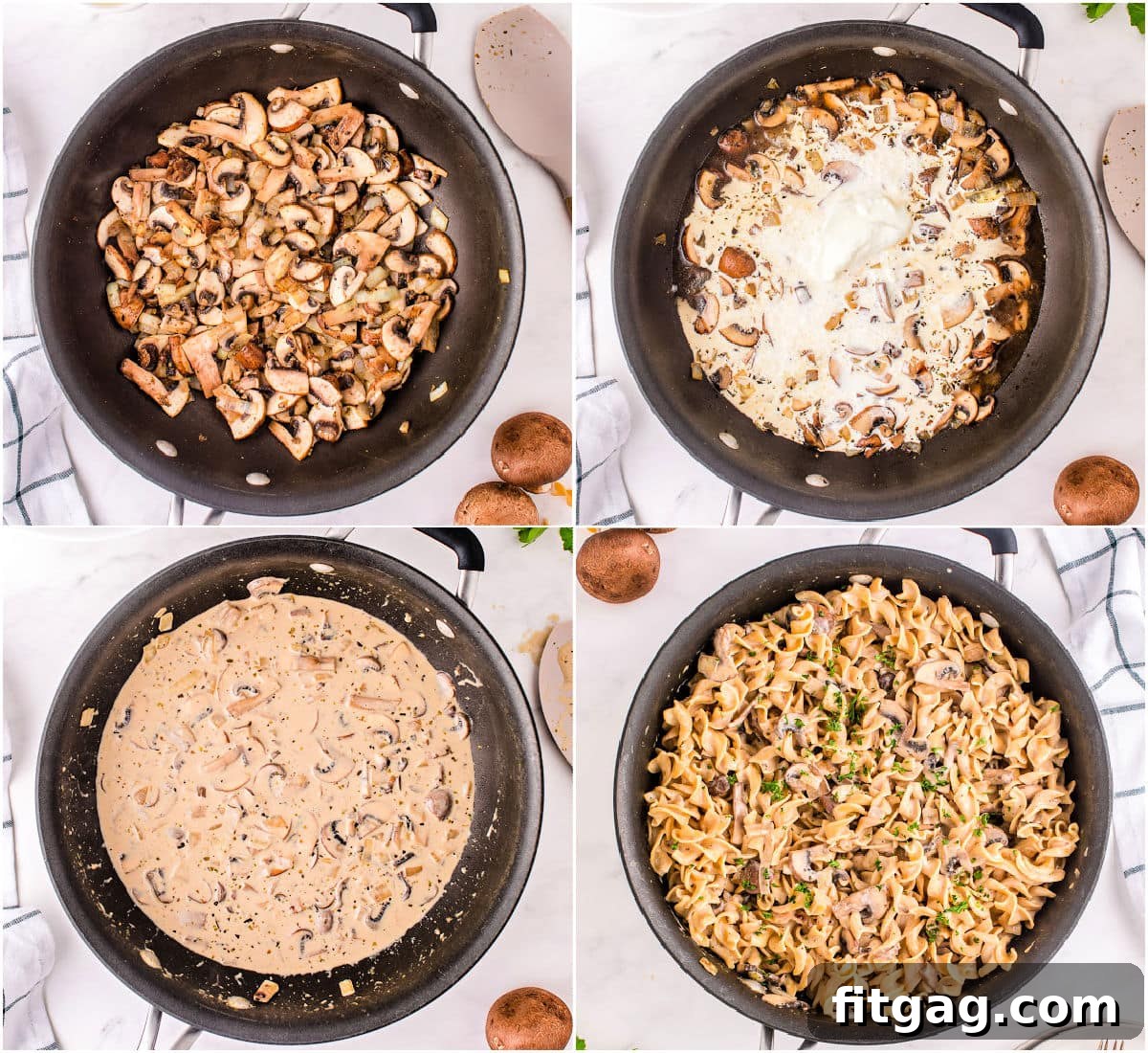 four image collage showing how to make mushroom stroganoff in a skillet.