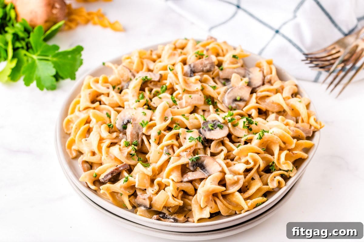 full plate of mushroom stroganoff garnished with parsley.