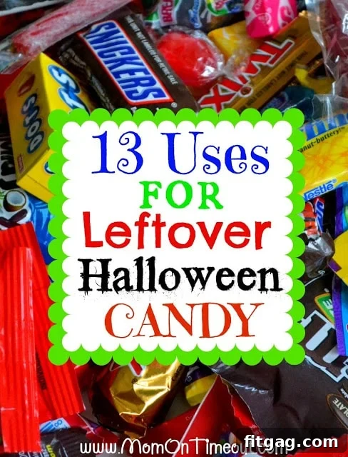 Thirteen creative uses for leftover Halloween candy, featuring a smiling child with a large candy bag.